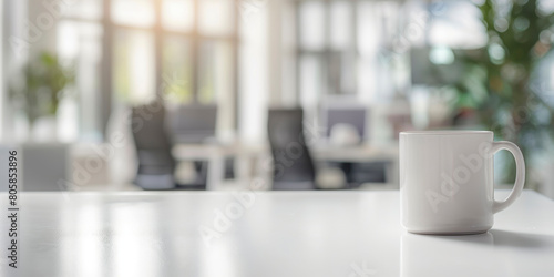 banner, A white coffee cup sits on a table in a room with a view of a potted plant background