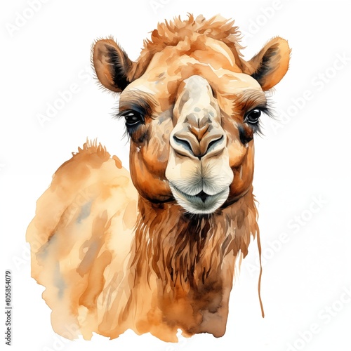 Camel. Camel in desert. Desert animals clipart. Watercolor illustration. Generative AI. Detailed illustration.