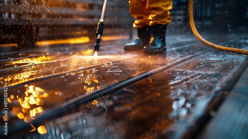 A dynamic shot of a man using a pressure washer to blast away dirt and grime from a wooden terrace.