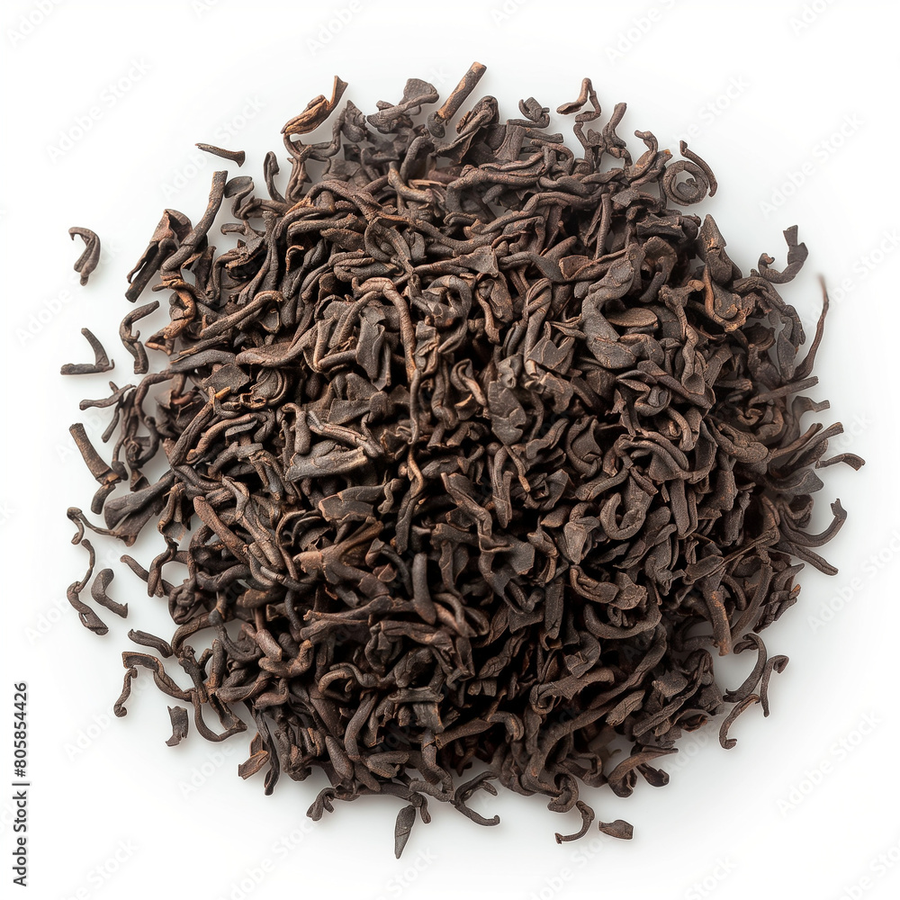 Pile dry black tea isolated on white top view Pile dry black tea isolated on white top view