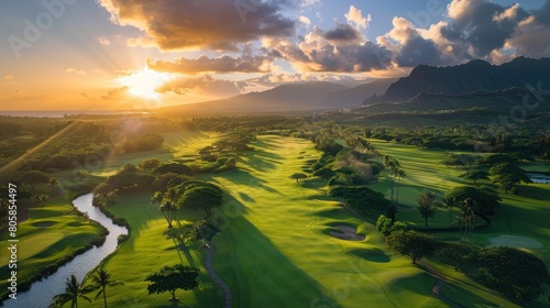 Aerial view of golf course at sunset