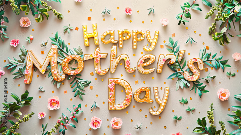 Happy Mother's Day embellished with elegant floral motifs, lush greenery, and radiant gold accents on a pale vanilla backdrop.
