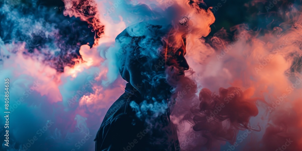 A man is smoking a cigarette and the smoke is purple and blue