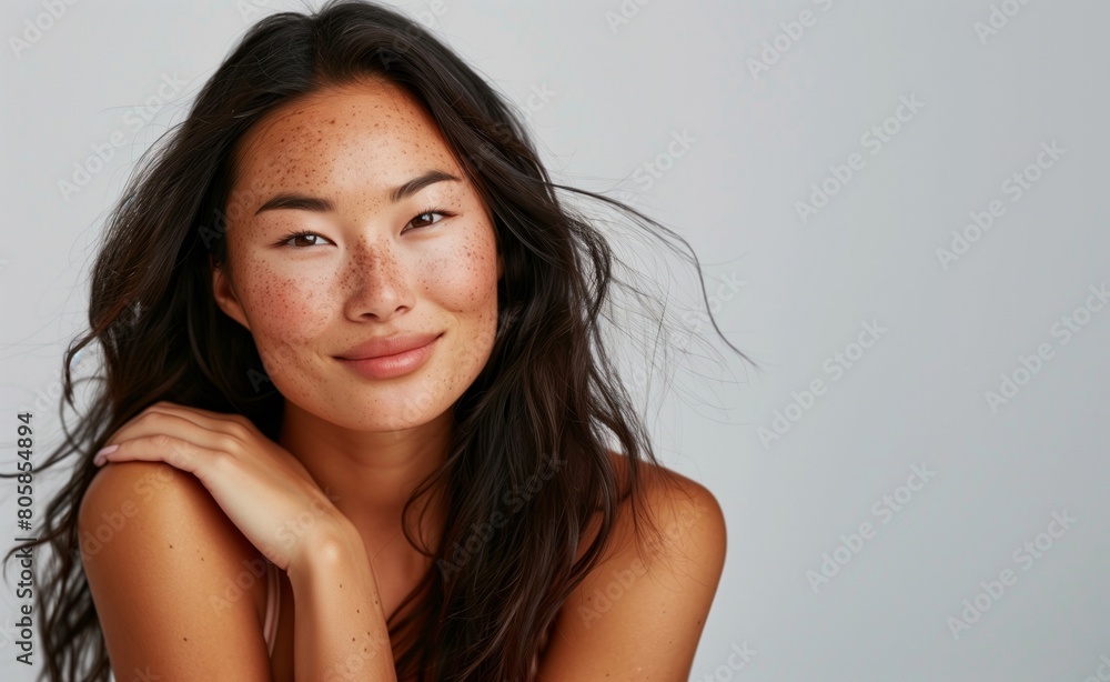 Smiling Young Asian Woman with Freckles in Natural Light Smiling Young Asian Woman with Freckles in Natural Light