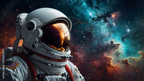 Cosmic Explorer, Astronaut Adrift in Space Amidst Nebulae, Galaxies, and Stars Reflected in Their Helmet.