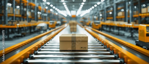 Behindthescenes at an online shopping warehouse, efficient robotics sorting packages, dynamic operation, bright day , vibrant