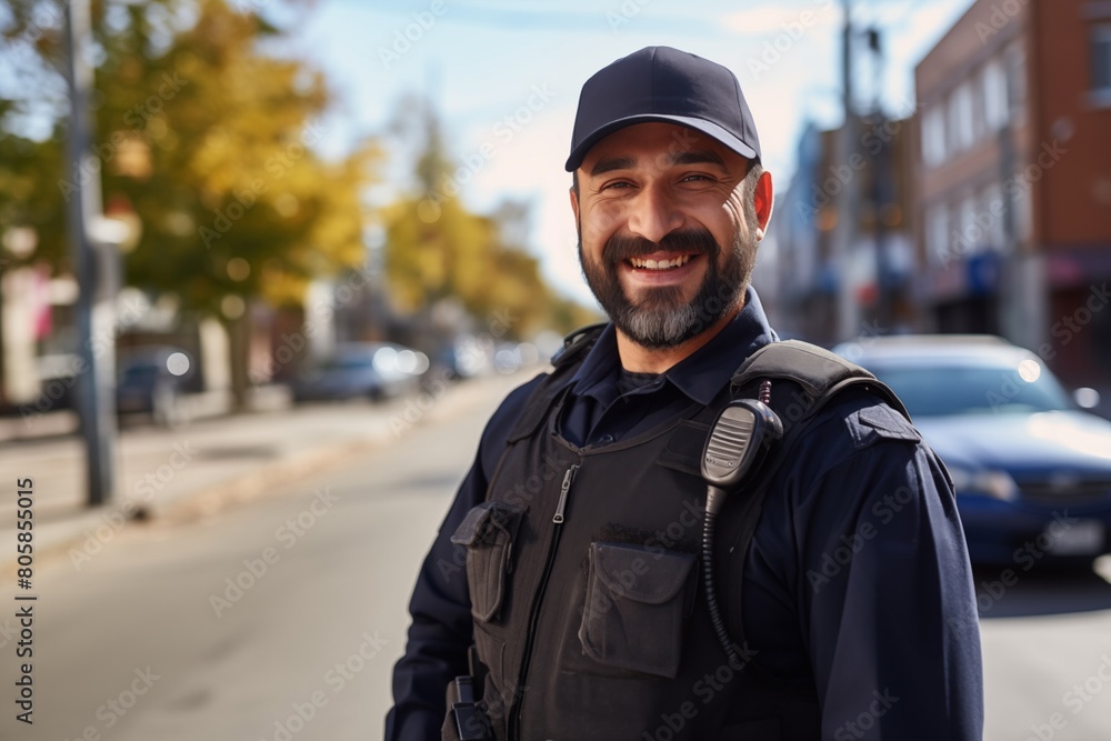 Smiling Male Security Guard on Urban Street Smiling Male Security Guard on Urban Street