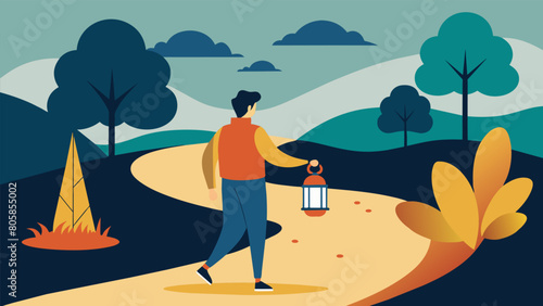 An image of a person walking on a path with a lantern with the prompt Take a walk in nature and reflect on your personal values. How do they guide.