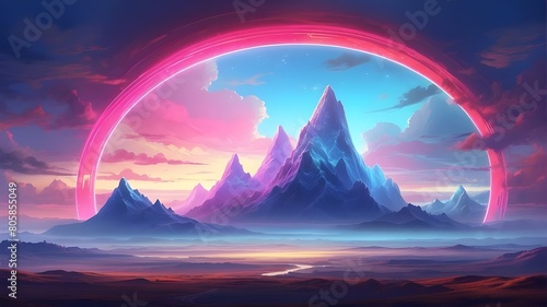 broad view of an open landscape before morning, with a dazzling neon shape floating in the center and distant mountains, captivating clouds, and god photo