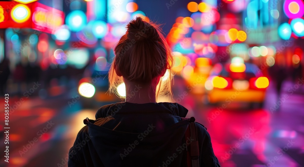 Young Woman Exploring Vibrant City Nightlife Young Woman Exploring Vibrant City Nightlife