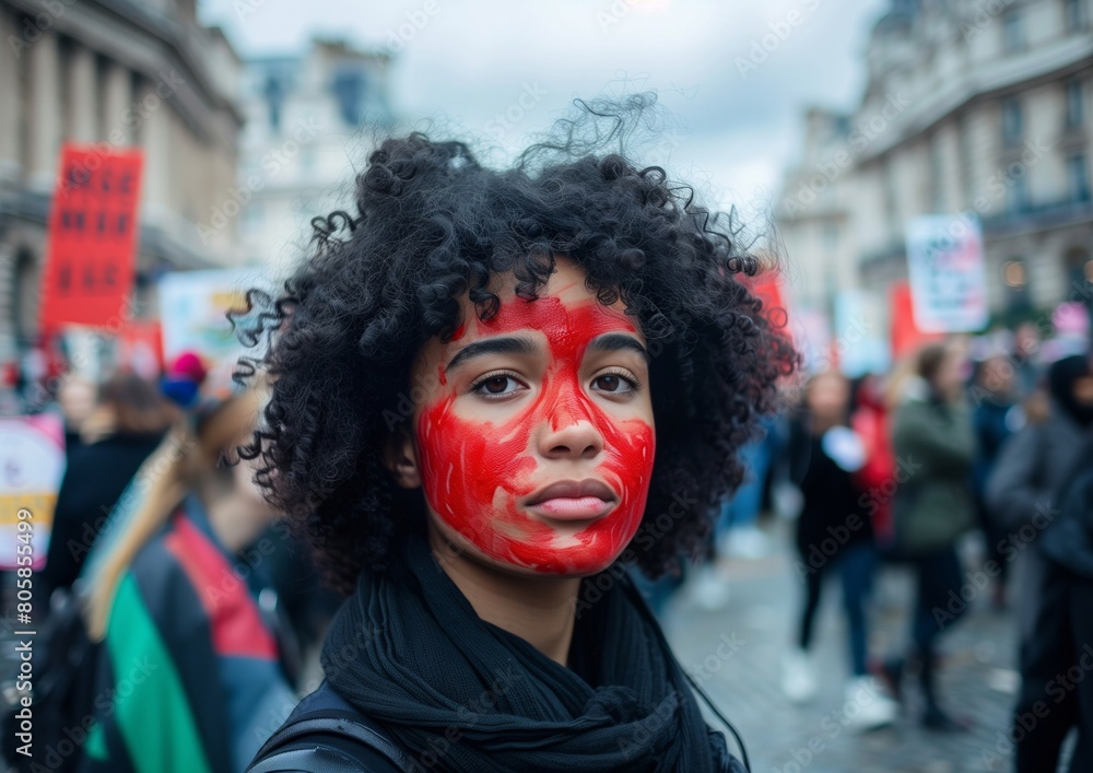 Young Woman with Red Painted Face at Protest