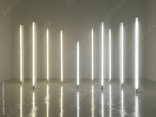 Array of vertical light tubes in a minimalist art gallery creating a serene atmosphere.