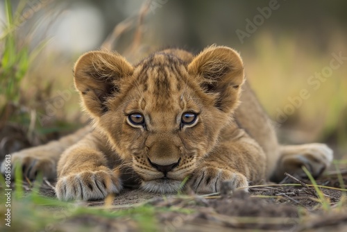 Curious Lion Cub Crouching in the Grass

