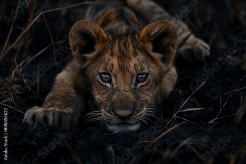 Intense Stare of a Lion Cub in Darkened Grasslands