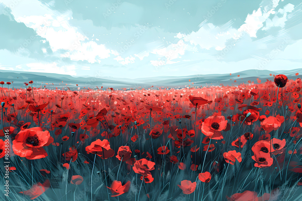 Obraz premium Poppy field illustration, perfect for remembrance day events and memorials. The picture evokes a sense of honor and sacrifice.