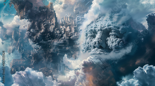  concept art of an epic fantasy world, floating cities made from clouds and rock, smoke face emerging in the sky above them