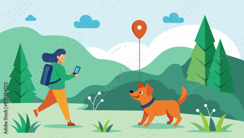 On a camping trip a highenergy puppy goes off to explore the nearby forest but her owner always knows her exact whereabouts thanks to her trusty GPS. Vector illustration