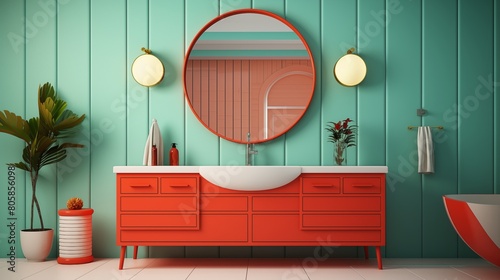 Modern retro colorful bathroom with basin and big mirror on the wall. photo