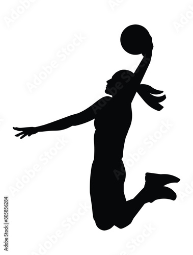 Black silhouette of a women's basketball girl player in profile who jumps high to dunk the ball into the hoop