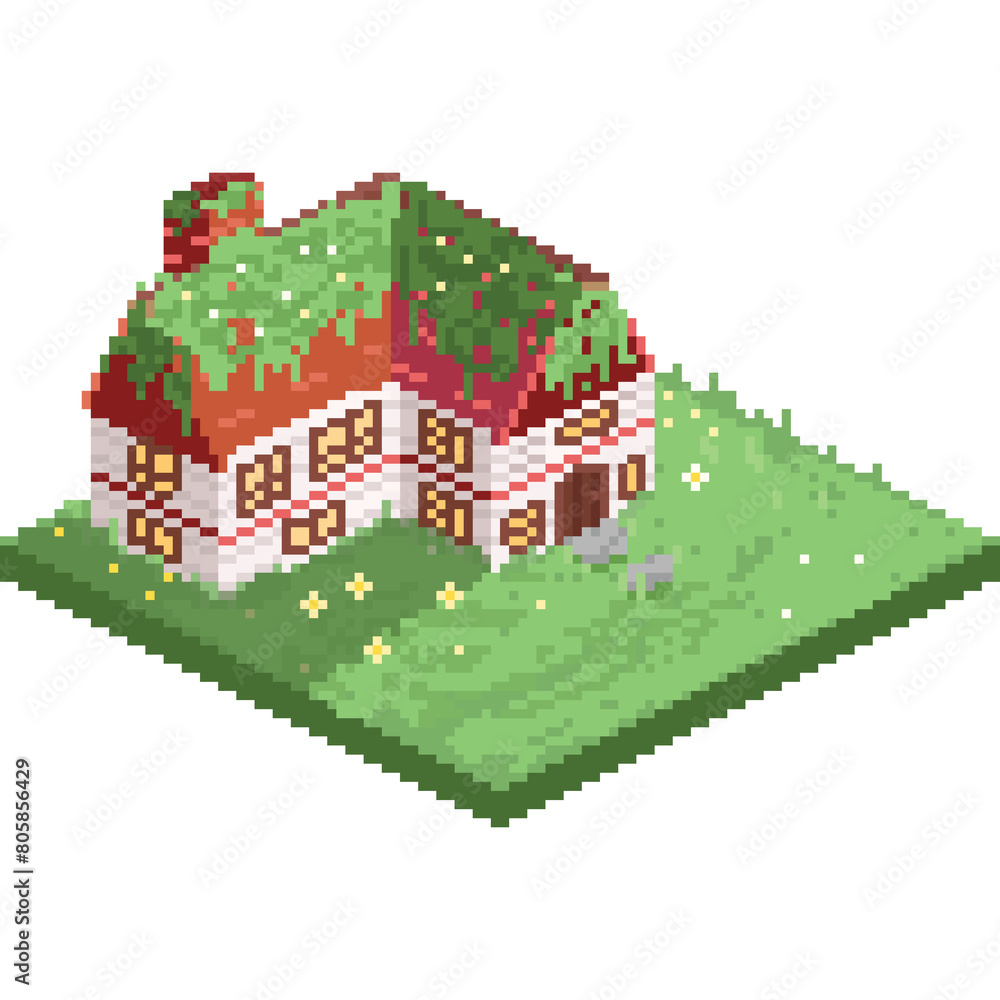 Pixel art cartoon isometric garden house