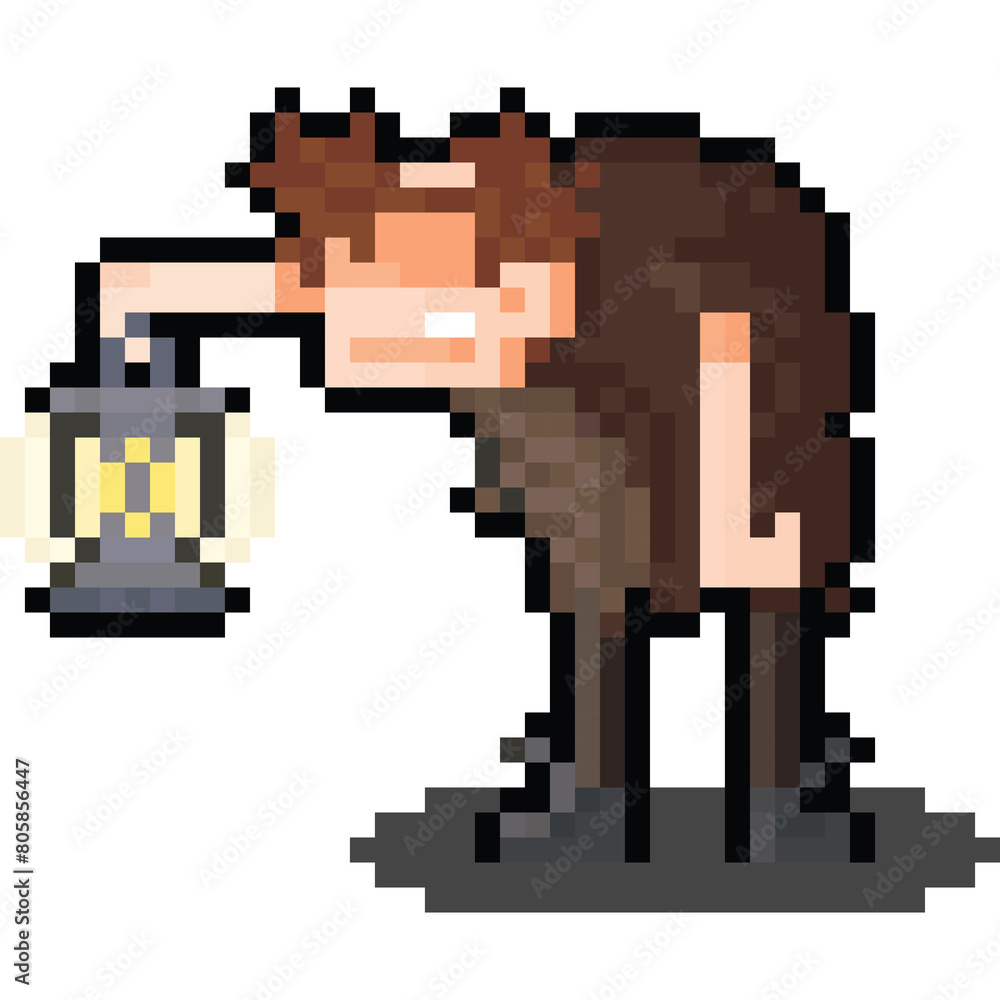 Pixel art cartoon igor character holding lantern Pixel art cartoon igor character holding lantern