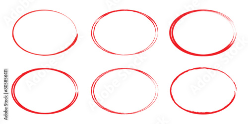 Red circle line hand drawn set. Highlight hand drawing circle isolated on background. Round handwritten circle. For marking text, note, mark icon, number, marker pen, pencil and text check, vector