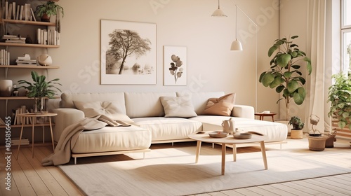 Modern Scandinavian home interior design characterized by an elegant living room featuring a comfortable sofa  mid century furniture  cozy carpet  wooden floor  white walls  and home plants.