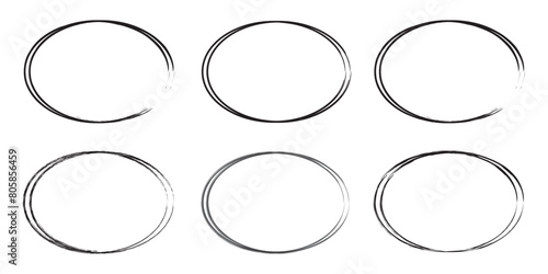 Grunge circles brush set. Black circle frames. Round line of black paint. Grunge round shapes. Circular ink brush stroke fro design elements. Vector illustration.