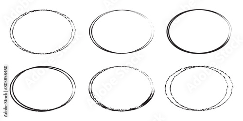 Grunge circles brush set. Black circle frames. Round line of black paint. Grunge round shapes. Circular ink brush stroke fro design elements. Vector illustration.