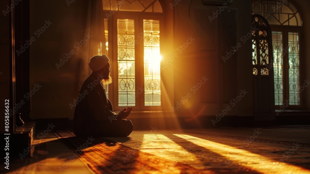 The image of a Muslim man praying in the window of a house shines with light The image of a Muslim man praying in the window of a house shines with light