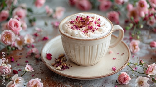 Rose latte, floral art, elegant afternoon tea