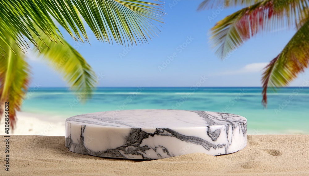 Luxurious marble podium nestled in a summer beach setting, surrounded by palm trees and overlooking a crystal-clear ocean mock up background