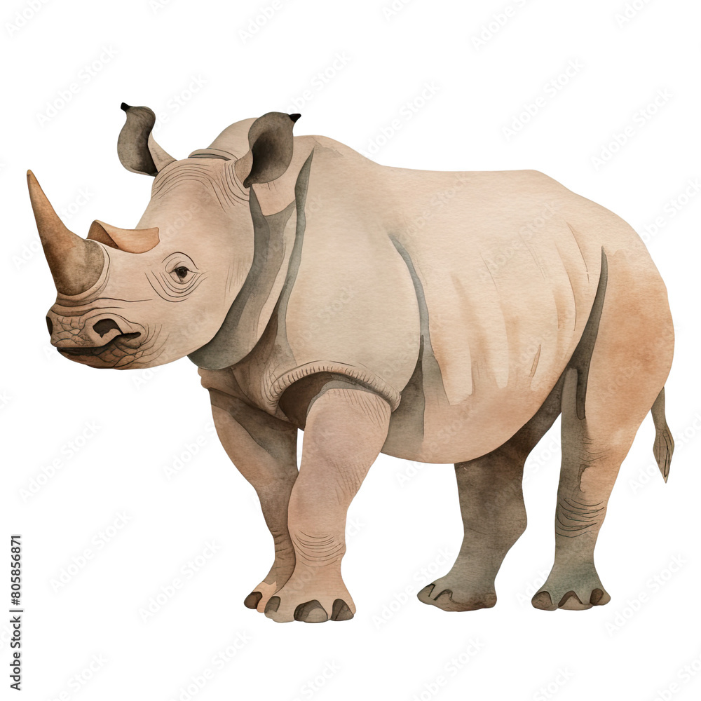 Fototapeta premium AI-Generated Watercolor cute Rhino Clip Art Illustration. Isolated elements on a white background.