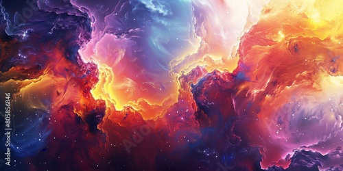A colorful space scene with a bright orange cloud in the middle photo
