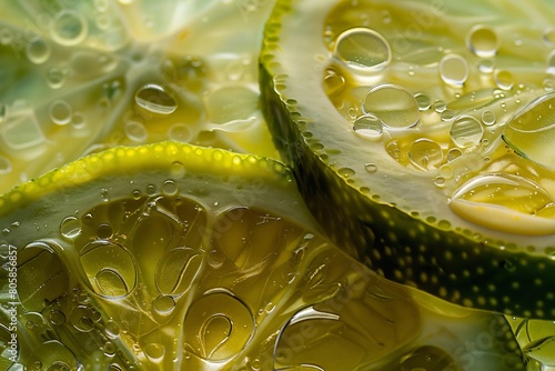 Fresh lime slice in water with bubbles. Close up of fresh ripe lime. A macro shot capturing the vibrant texture and water drops on a fresh lime slice (ID: 805856857)