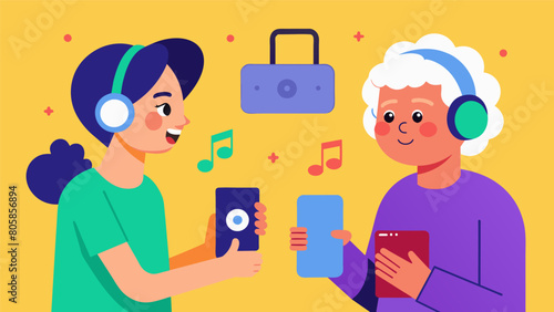 A teenager and their grandmother exchange playlists discovering new music and artists from each others generation. Vector illustration