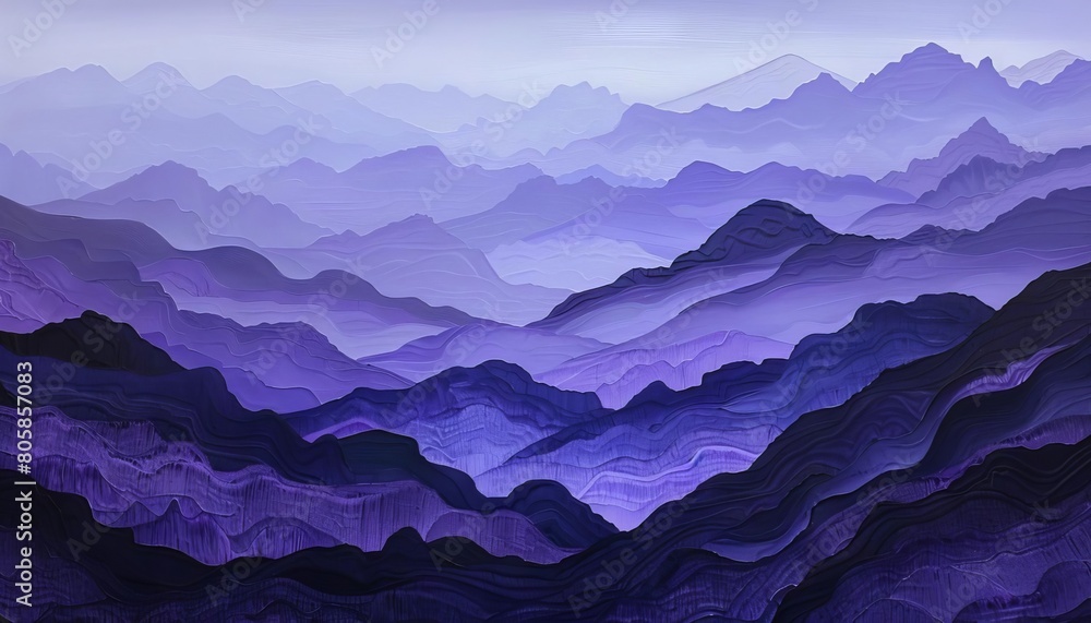 A mountain range in shades of purple, revealing layers of geological formations stretching into the horizon