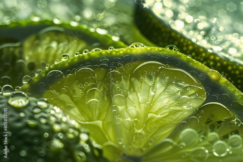 Fresh lime slice in water with bubbles. Close up of fresh ripe lime. A macro shot capturing the vibrant texture and water drops on a fresh lime slice (ID: 805857015)
