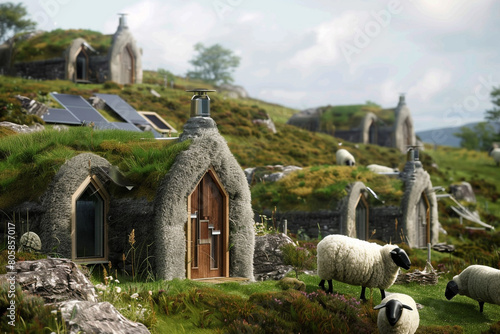 Scottish crofts with holographic sheep and sustainable solutions for tradition and tech blend.