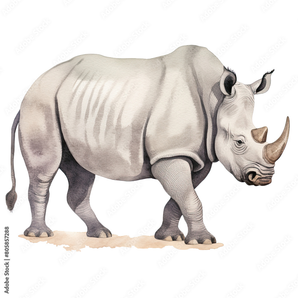 Obraz premium AI-Generated Watercolor cute Rhino Clip Art Illustration. Isolated elements on a white background.