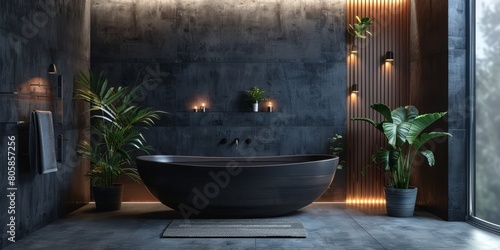 A large bathtub is surrounded by potted plants and a rug