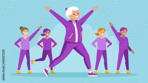 A senior woman in a bright purple track suit leads the group in a series of arm raises and toe touches.. Vector illustration