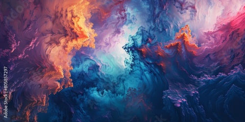 A colorful, abstract painting of a space with a blue and orange swirl