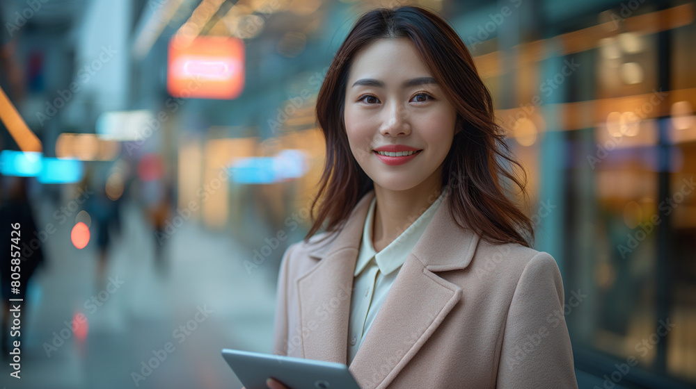 Smiling young Asian business woman leader entrepreneur, professional manager holding digital tablet computer using software applications standing on the street in big city on sky background. Smiling young Asian business woman leader entrepreneur, professional manager holding digital tablet computer using software applications standing on the street in big city on sky background.