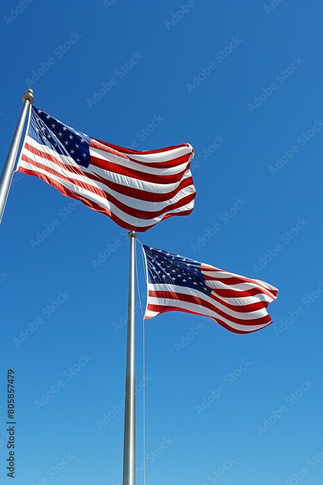 American Flags Waving Proudly Against Clear Blue Sky

