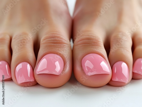 Close-up of female toes with a glossy pink gel polish, exemplifying beauty and self-care.