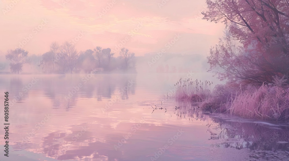 A lakeside scene at dawn, with soft lavender and peach hues reflecting off the water s surface