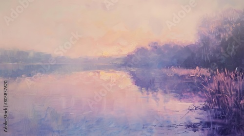 A lakeside scene at dawn, with soft lavender and peach hues reflecting off the water s surface