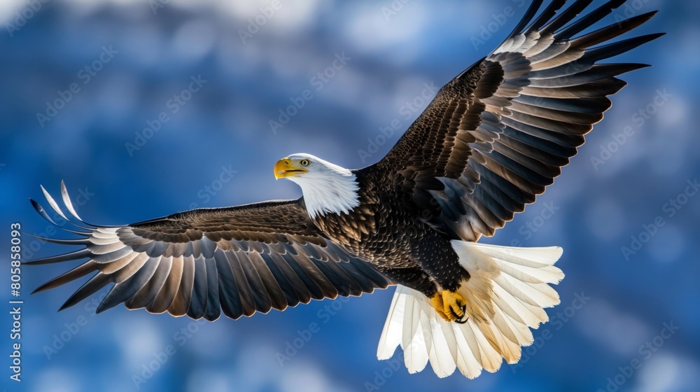 Fototapeta premium Majestic Bald Eagle Soaring Against Blue Sky