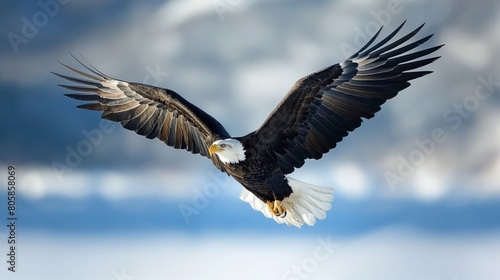 Majestic Bald Eagle Soaring Against Blue Sky